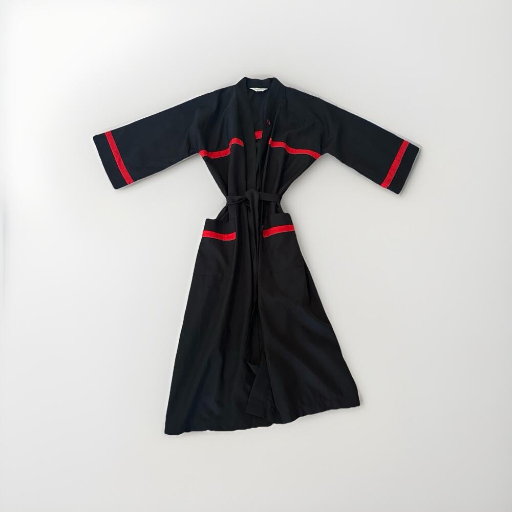 Vintage 80s Christian Dior Monsieur Black Red Trim Robe OSFA Belted Long Lounge